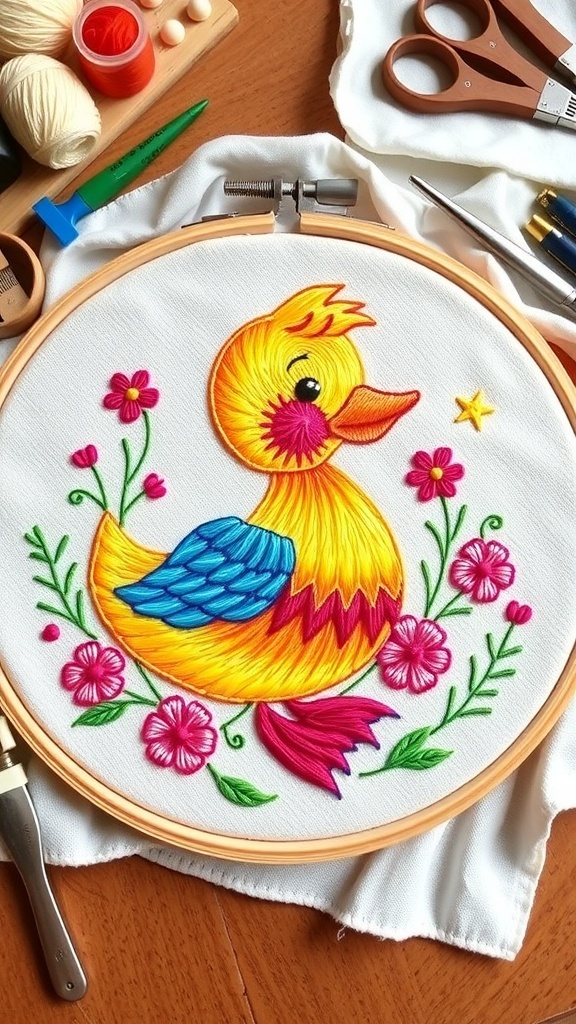 Duck Embroidery Patterns and Techniques A colorful embroidered duck surrounded by flowers in an embroidery hoop on a crafting table.